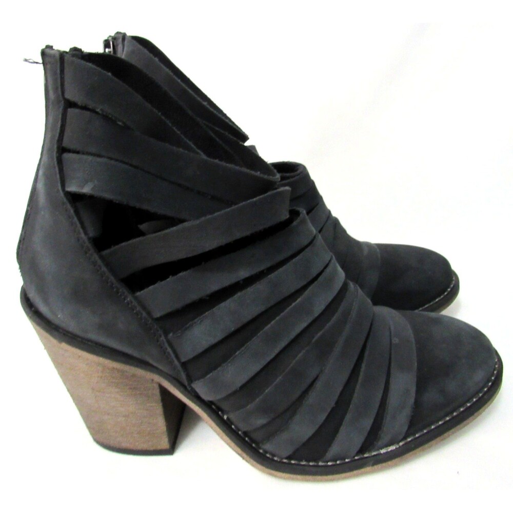 Free People Hybrid Black Strappy Back Zip Suede Leather Bootie Heels 5.5 /36 EUC